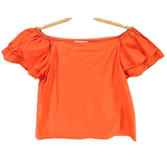 Alice + Olivia Loryn Blouse S Orange Poplin Off Shoulder Ruffle Top Boho Cottage - Picture 1 of 13